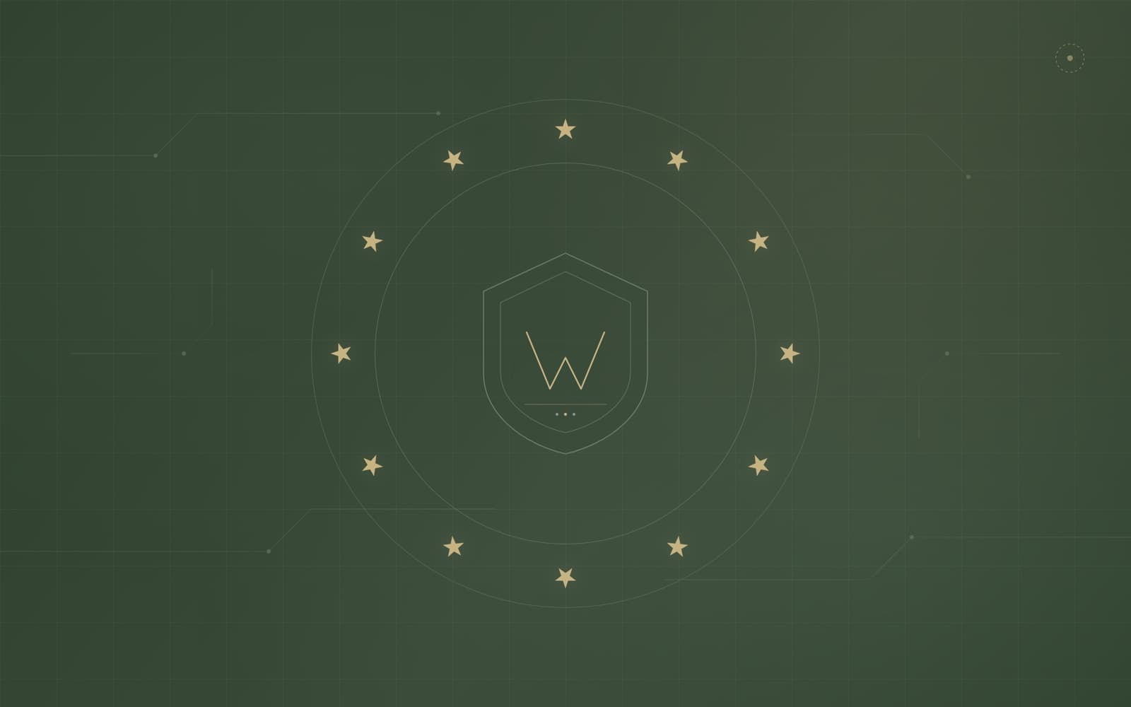 Symbolgrafik im Woodlands-Design zum EU Cyber Resilience Act — forest-grüner Hintergrund, zwölf goldene Sterne im Kreis, feine Leiterbahn-Struktur.