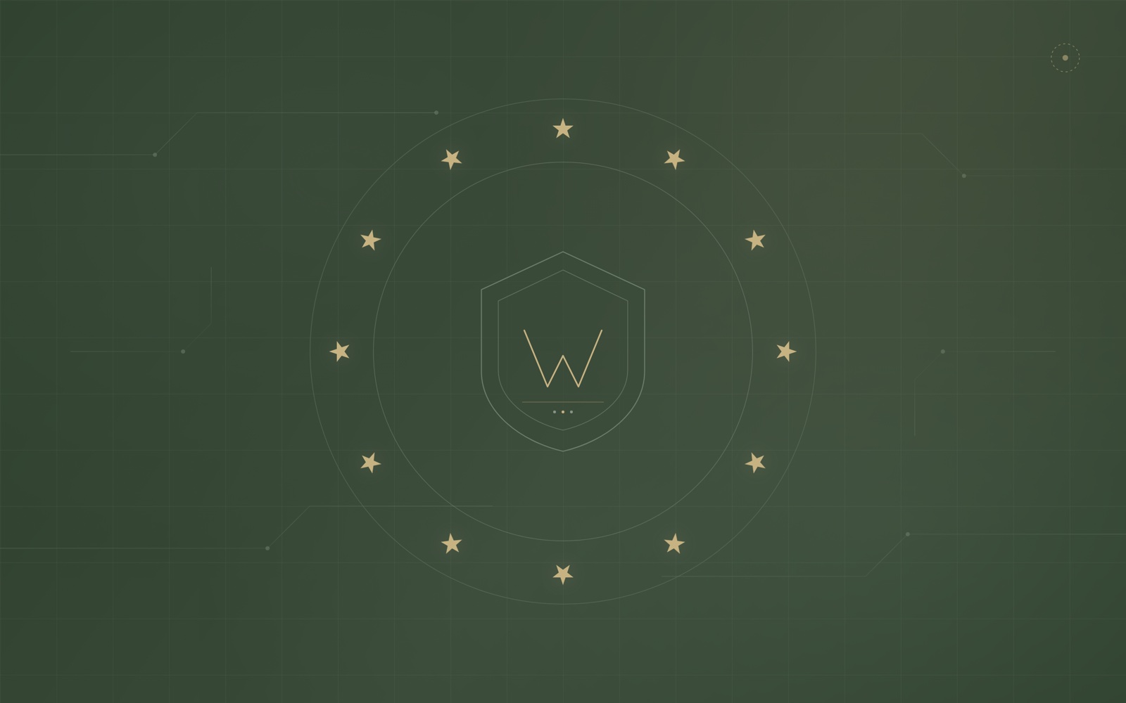 Symbolgrafik im Woodlands-Design zum EU Cyber Resilience Act — forest-grüner Hintergrund, zwölf goldene Sterne im Kreis, feine Leiterbahn-Struktur.